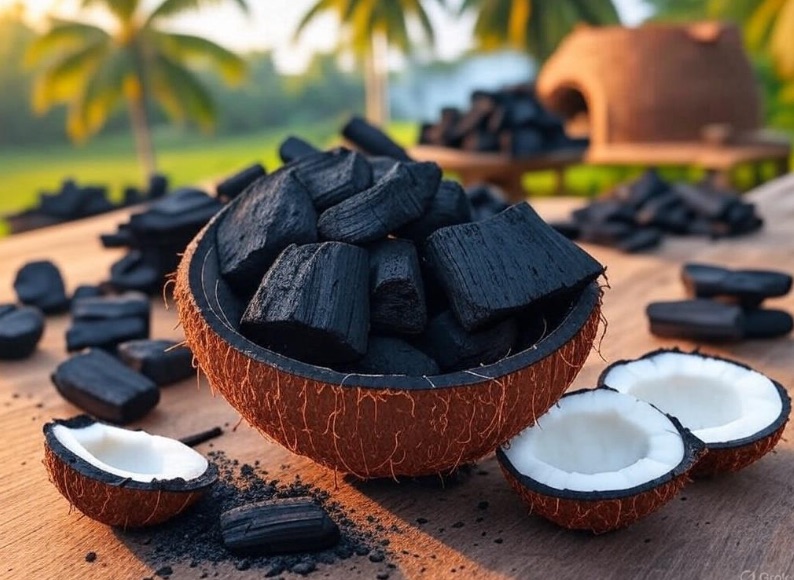Natural coconut shell charcoal displayed in a coconut bowl