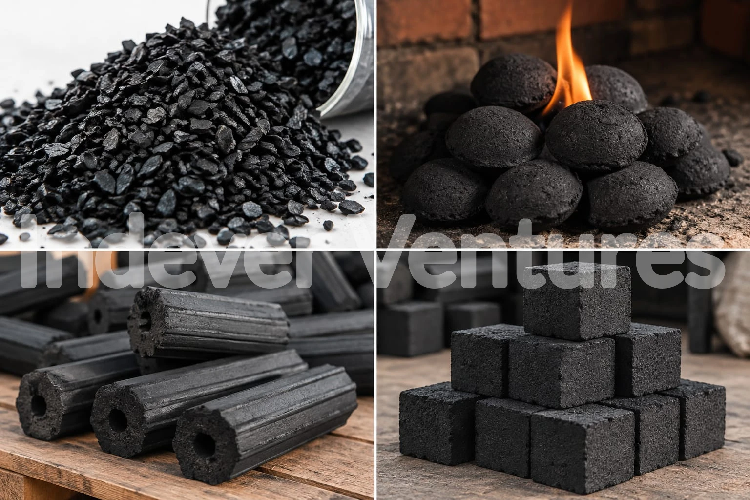 Eco Charcoal: granular charcoal and round, hexagonal and cube briquettes