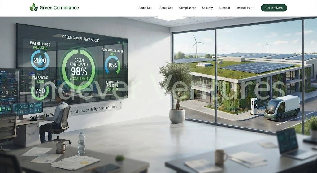 Green Compliance: the supplied sustainable office and renewable-energy illustration.