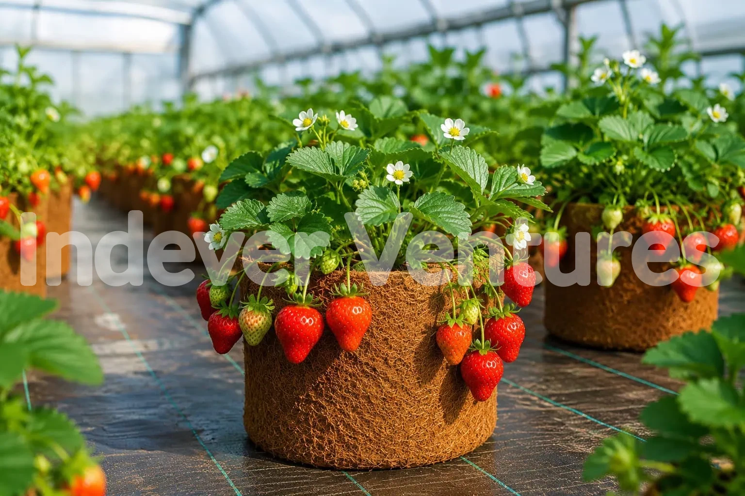Strawberries growing in coco coir containers