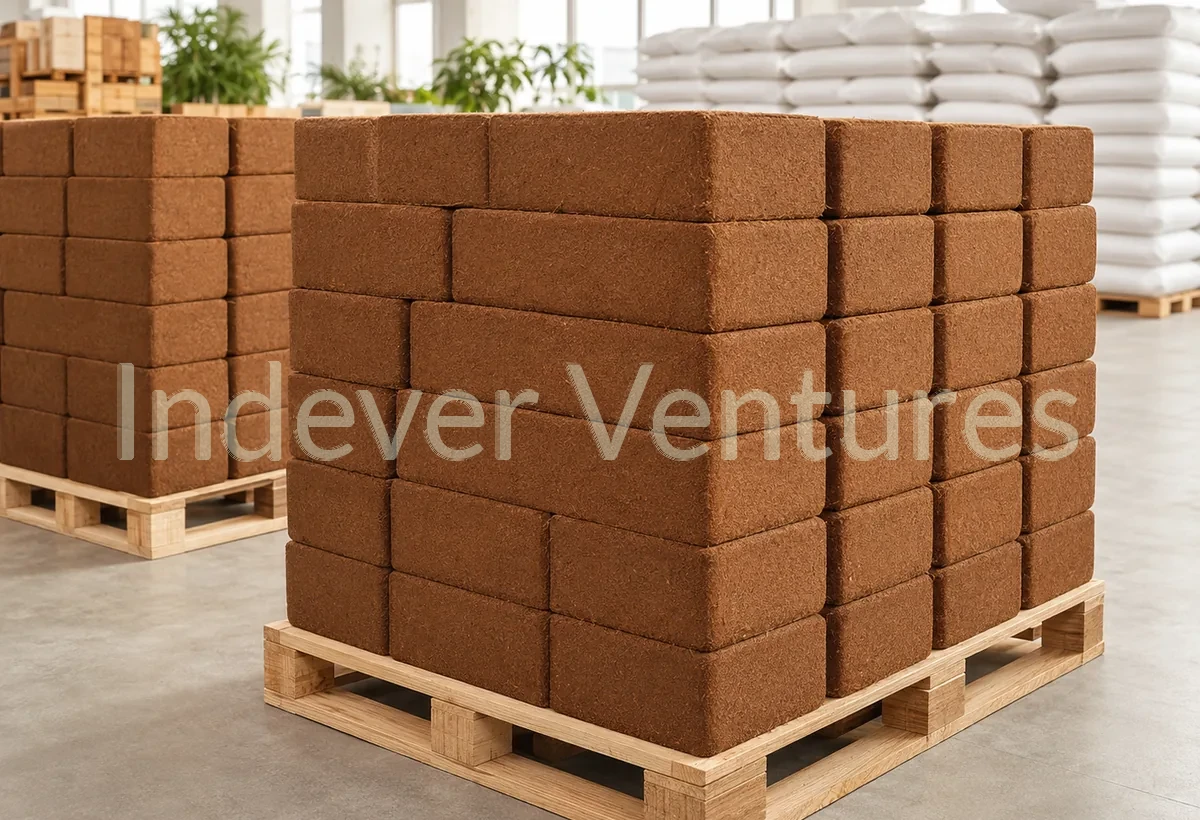 Compressed coco peat blocks prepared for export packing